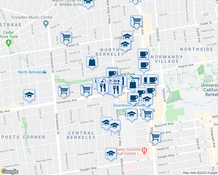 map of restaurants, bars, coffee shops, grocery stores, and more near 1830 Berkeley Way in Berkeley
