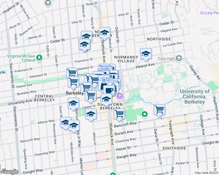 map of restaurants, bars, coffee shops, grocery stores, and more near 2 Berkeley Square in Berkeley