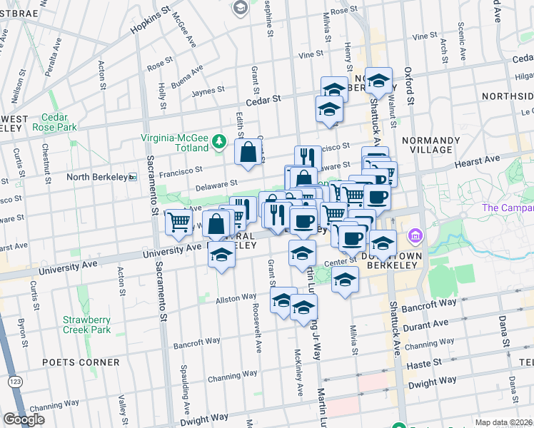 map of restaurants, bars, coffee shops, grocery stores, and more near Grant Street & Berkeley Way in Berkeley