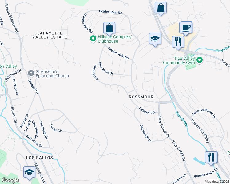 map of restaurants, bars, coffee shops, grocery stores, and more near 1517 Oakmont Drive in Walnut Creek