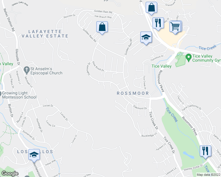map of restaurants, bars, coffee shops, grocery stores, and more near 1517 Oakmont Drive in Walnut Creek