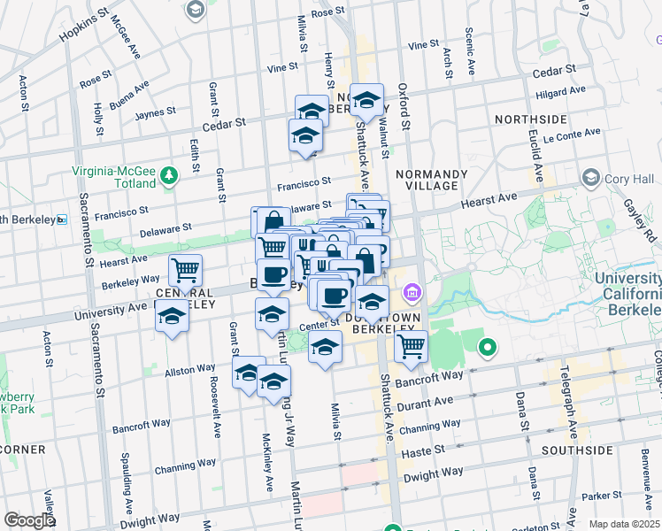 map of restaurants, bars, coffee shops, grocery stores, and more near 1995 University Avenue in Berkeley