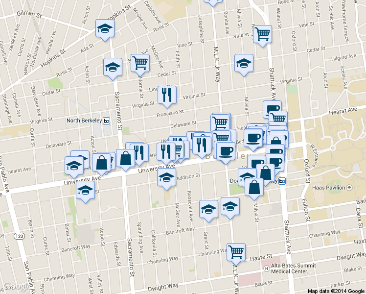 map of restaurants, bars, coffee shops, grocery stores, and more near in Berkeley