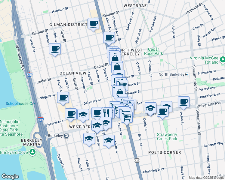 map of restaurants, bars, coffee shops, grocery stores, and more near 1740 San Pablo Avenue in Berkeley