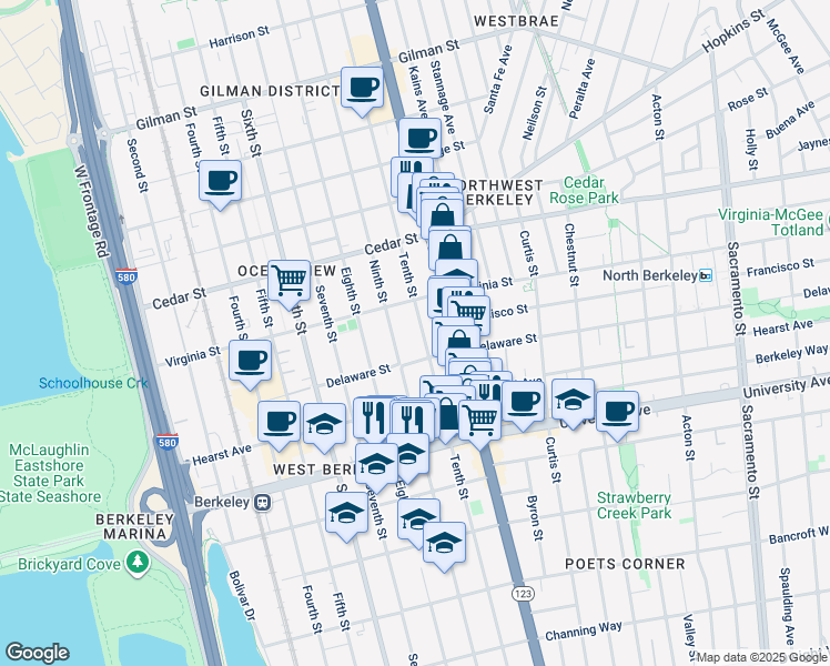 map of restaurants, bars, coffee shops, grocery stores, and more near 1729 Ninth Street in Berkeley