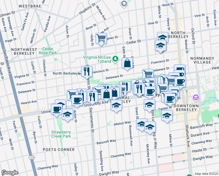 map of restaurants, bars, coffee shops, grocery stores, and more near 1638 Hearst Avenue in Berkeley