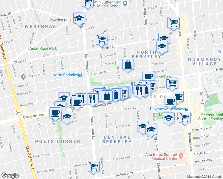 map of restaurants, bars, coffee shops, grocery stores, and more near 1631 Berkeley Way in Berkeley