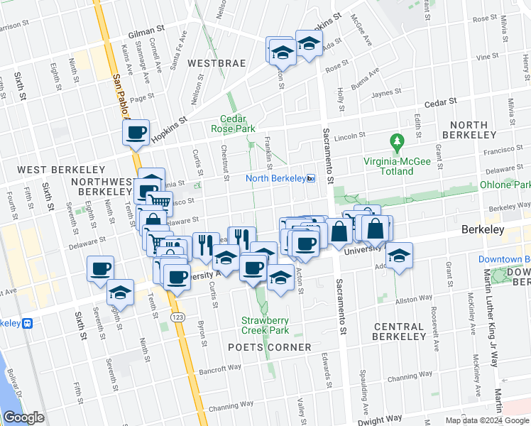 map of restaurants, bars, coffee shops, grocery stores, and more near 1812 Franklin Street in Berkeley