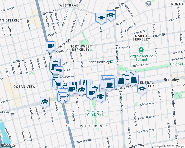 map of restaurants, bars, coffee shops, grocery stores, and more near 1812 Franklin Street in Berkeley
