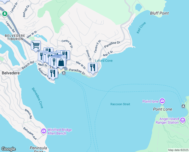 map of restaurants, bars, coffee shops, grocery stores, and more near 2002 Paradise Drive in Tiburon
