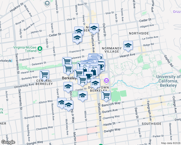 map of restaurants, bars, coffee shops, grocery stores, and more near 2048 University Avenue in Berkeley