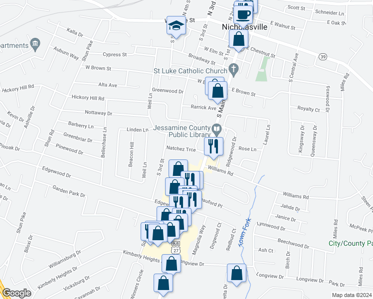 map of restaurants, bars, coffee shops, grocery stores, and more near 200 Natchez Trce in Nicholasville