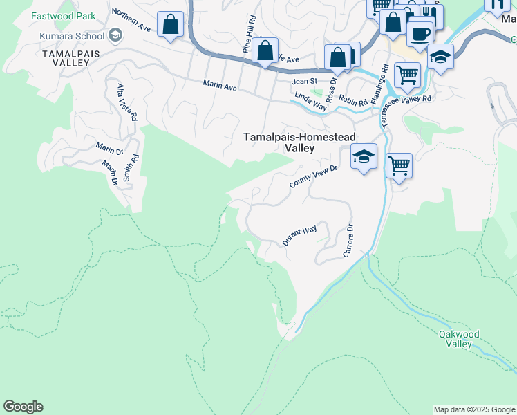 map of restaurants, bars, coffee shops, grocery stores, and more near 389 County View Drive in Mill Valley