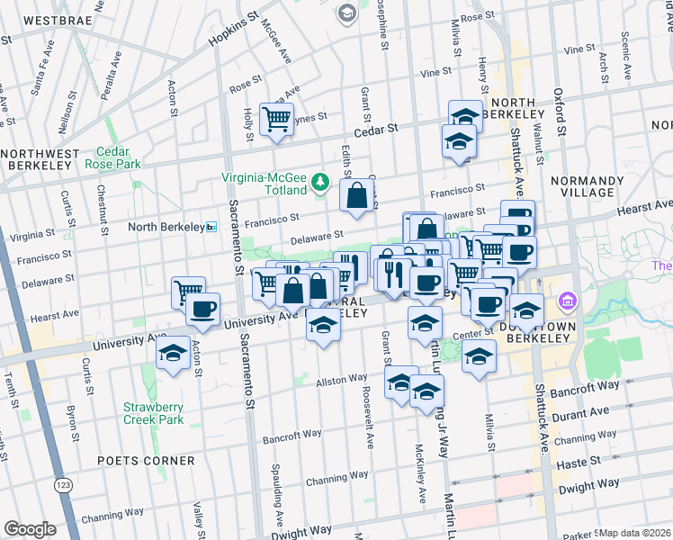 map of restaurants, bars, coffee shops, grocery stores, and more near 1907 McGee Avenue in Berkeley