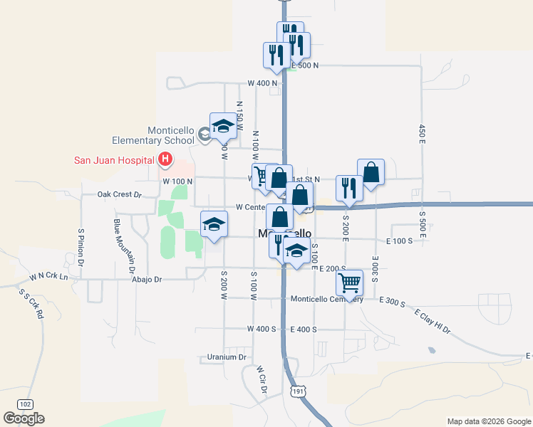 map of restaurants, bars, coffee shops, grocery stores, and more near 55 West Center Street in Monticello