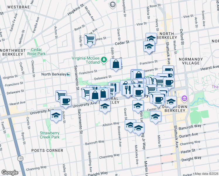 map of restaurants, bars, coffee shops, grocery stores, and more near 1907 McGee Avenue in Berkeley