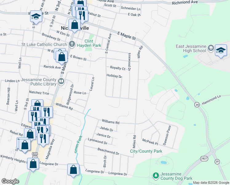 map of restaurants, bars, coffee shops, grocery stores, and more near 123 Kingsway Drive in Nicholasville