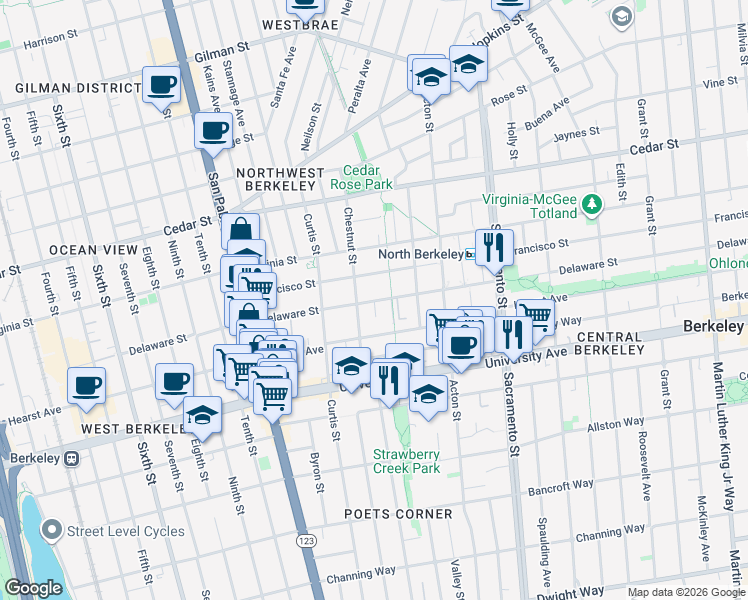 map of restaurants, bars, coffee shops, grocery stores, and more near 1274B Delaware Street in Berkeley
