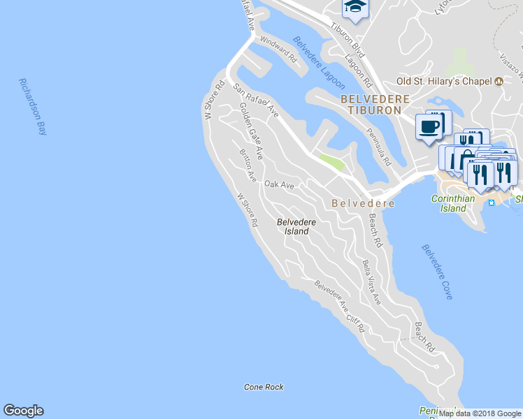 map of restaurants, bars, coffee shops, grocery stores, and more near 19 Belvedere Avenue in Belvedere Tiburon