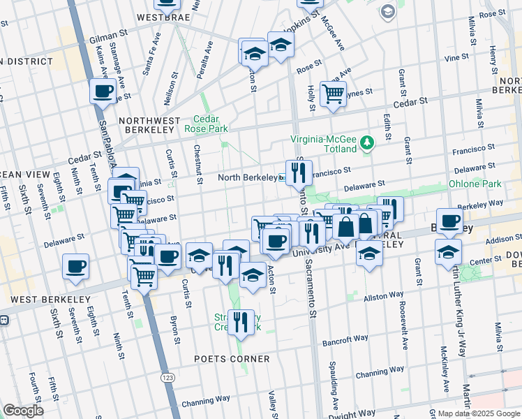 map of restaurants, bars, coffee shops, grocery stores, and more near 1806 Acton Street in Berkeley