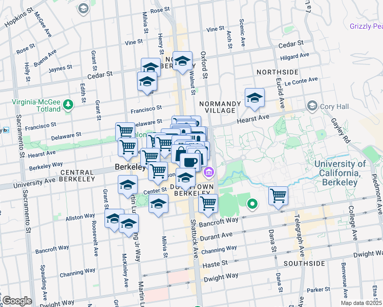 map of restaurants, bars, coffee shops, grocery stores, and more near 2111 University Avenue in Berkeley