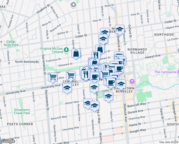 map of restaurants, bars, coffee shops, grocery stores, and more near 1888 Berkeley Way in Berkeley