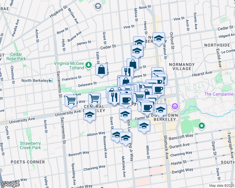 map of restaurants, bars, coffee shops, grocery stores, and more near 1888 Berkeley Way in Berkeley