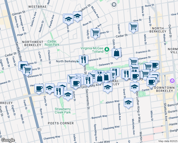 map of restaurants, bars, coffee shops, grocery stores, and more near 1510 Hearst Avenue in Berkeley