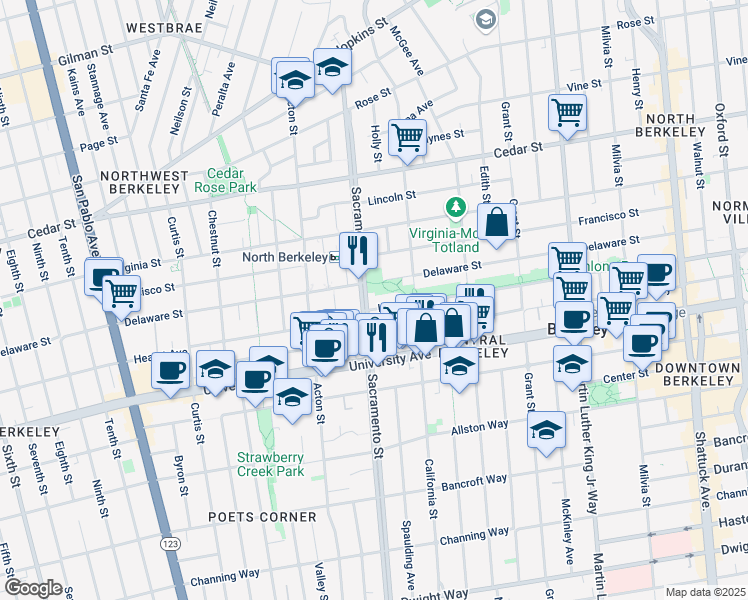 map of restaurants, bars, coffee shops, grocery stores, and more near 1510 Hearst Avenue in Berkeley