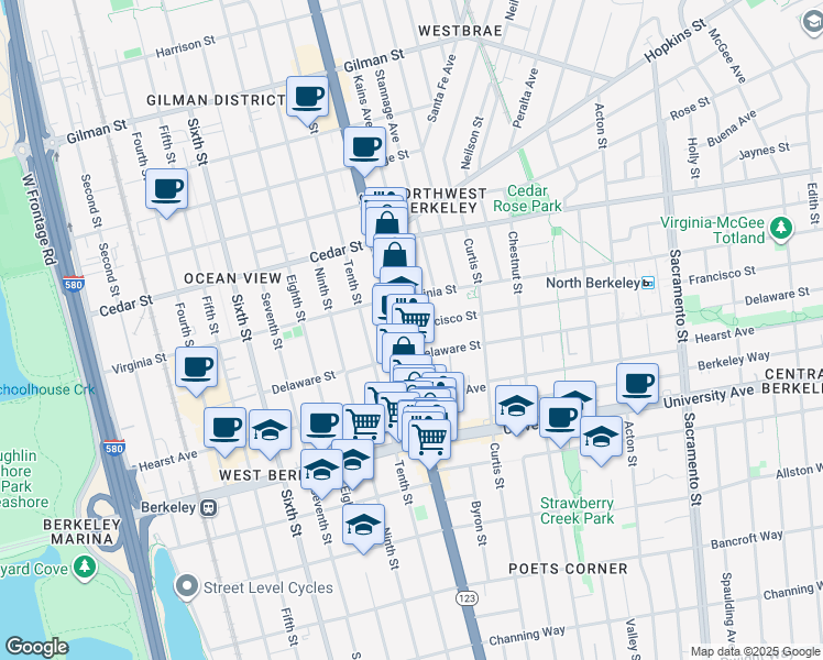 map of restaurants, bars, coffee shops, grocery stores, and more near 1121 Delaware Street in Berkeley