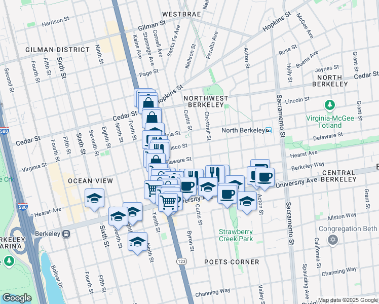 map of restaurants, bars, coffee shops, grocery stores, and more near 1740 Curtis Street in Berkeley