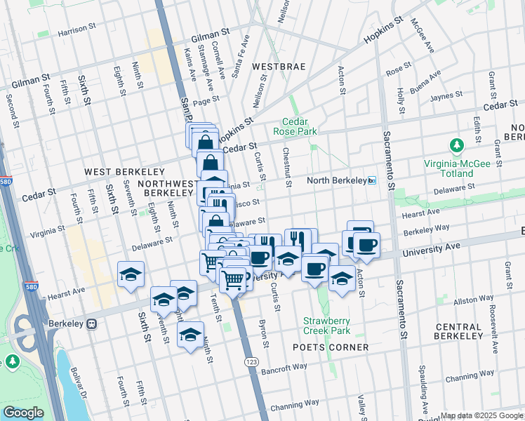 map of restaurants, bars, coffee shops, grocery stores, and more near 1740 Curtis Street in Berkeley
