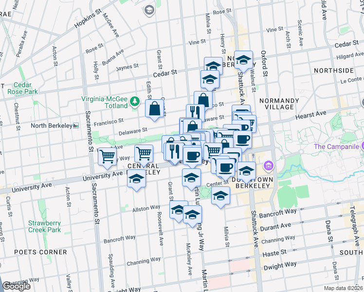 map of restaurants, bars, coffee shops, grocery stores, and more near 1888 Berkeley Way in Berkeley
