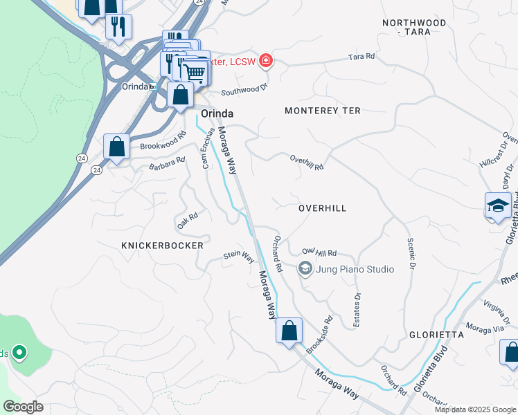 map of restaurants, bars, coffee shops, grocery stores, and more near 131 Moraga Way in Orinda