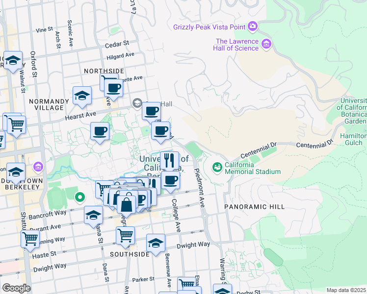 map of restaurants, bars, coffee shops, grocery stores, and more near 2220 Piedmont Avenue in Berkeley
