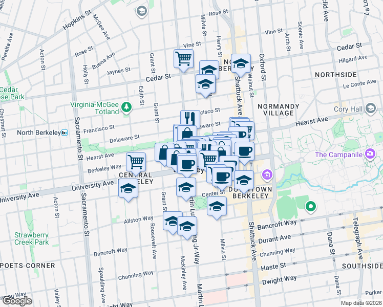 map of restaurants, bars, coffee shops, grocery stores, and more near in Berkeley