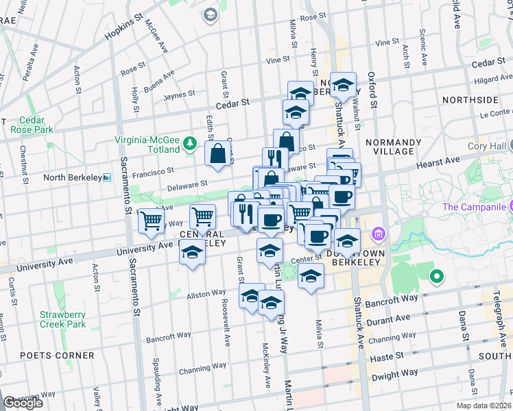 map of restaurants, bars, coffee shops, grocery stores, and more near 1888 Berkeley Way in Berkeley