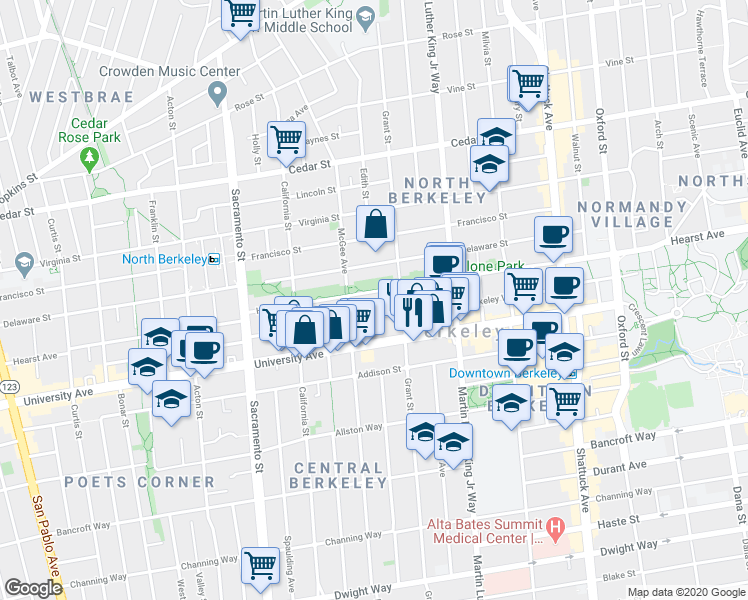 map of restaurants, bars, coffee shops, grocery stores, and more near 1713 Berkeley Way in Berkeley