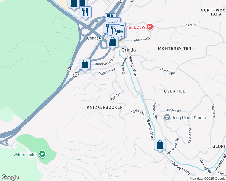 map of restaurants, bars, coffee shops, grocery stores, and more near 102 Barbara Road in Orinda