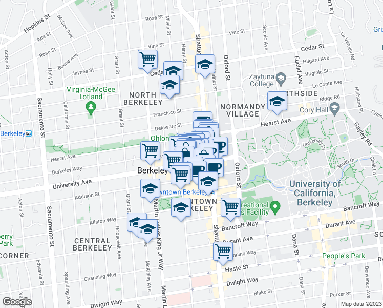 map of restaurants, bars, coffee shops, grocery stores, and more near 2012 Berkeley Way in Berkeley