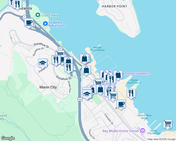 map of restaurants, bars, coffee shops, grocery stores, and more near 23 Gate 6 Road in Sausalito