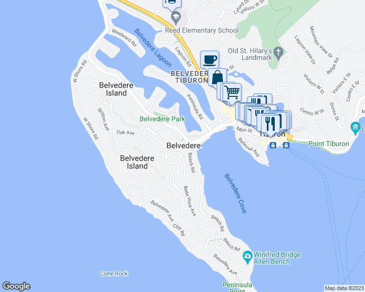 map of restaurants, bars, coffee shops, grocery stores, and more near 105 Acacia Avenue in Belvedere