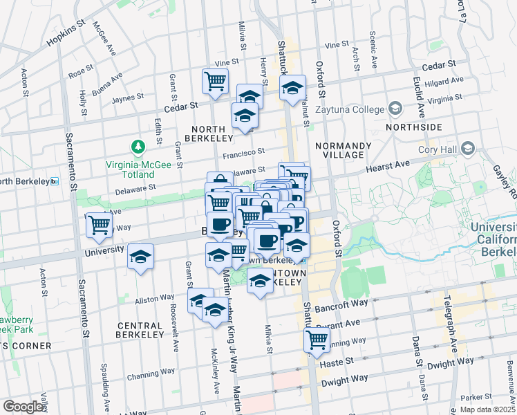 map of restaurants, bars, coffee shops, grocery stores, and more near 1995 University Avenue in Berkeley