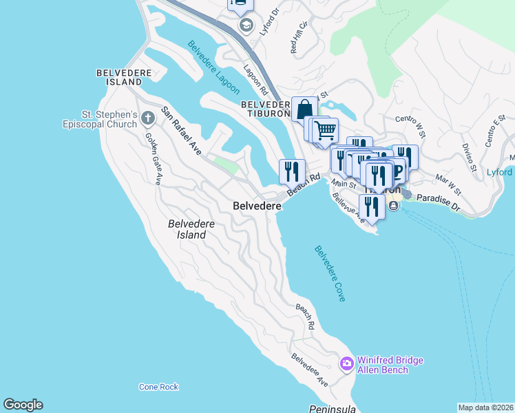 map of restaurants, bars, coffee shops, grocery stores, and more near  in Belvedere