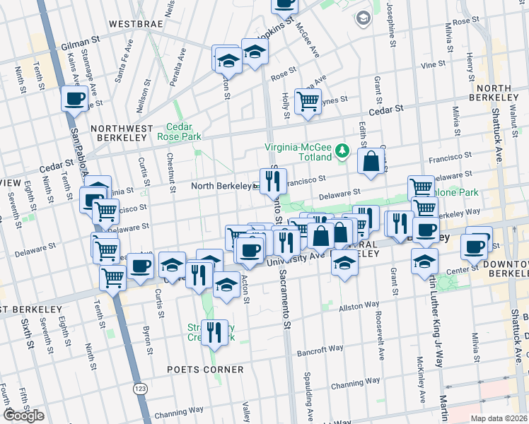 map of restaurants, bars, coffee shops, grocery stores, and more near 1436 Delaware Street in Berkeley