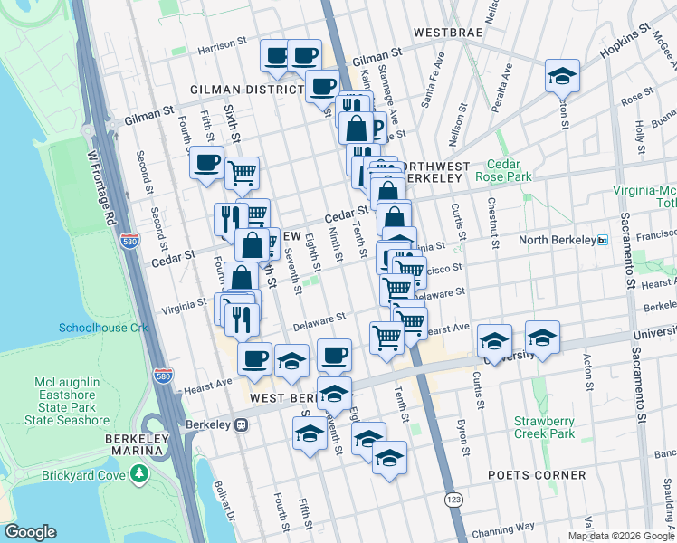 map of restaurants, bars, coffee shops, grocery stores, and more near 998 Virginia Street in Berkeley