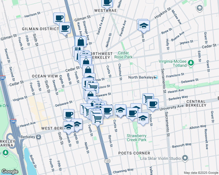 map of restaurants, bars, coffee shops, grocery stores, and more near 1700 Curtis Street in Berkeley