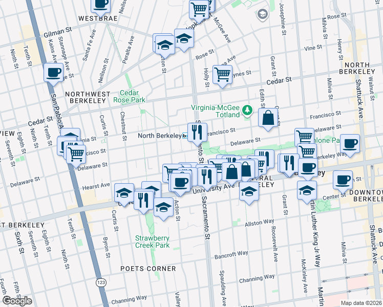 map of restaurants, bars, coffee shops, grocery stores, and more near in Berkeley