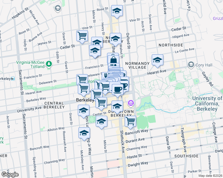 map of restaurants, bars, coffee shops, grocery stores, and more near 2020 Berkeley Way in Berkeley