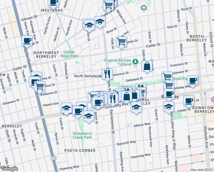 map of restaurants, bars, coffee shops, grocery stores, and more near 1429 Delaware Street in Berkeley